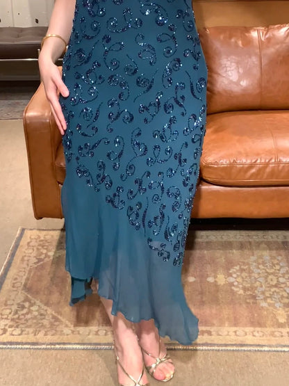 90s Retro Prom Dress Navy Blue Spaghetti Straps Beading Sheath Gala Gown Evening Dress Party Outfits      D5019