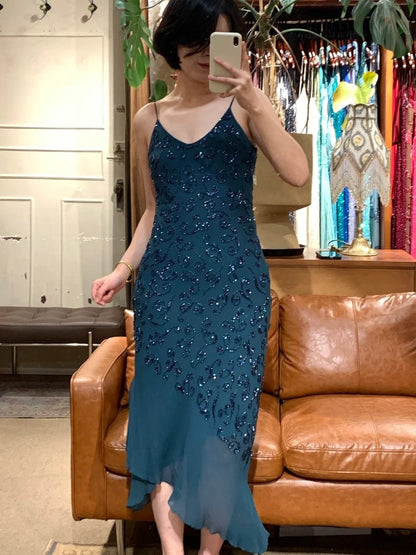 90s Retro Prom Dress Navy Blue Spaghetti Straps Beading Sheath Gala Gown Evening Dress Party Outfits      D5019