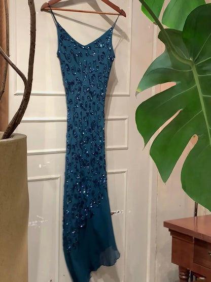 90s Retro Prom Dress Navy Blue Spaghetti Straps Beading Sheath Gala Gown Evening Dress Party Outfits      D5019