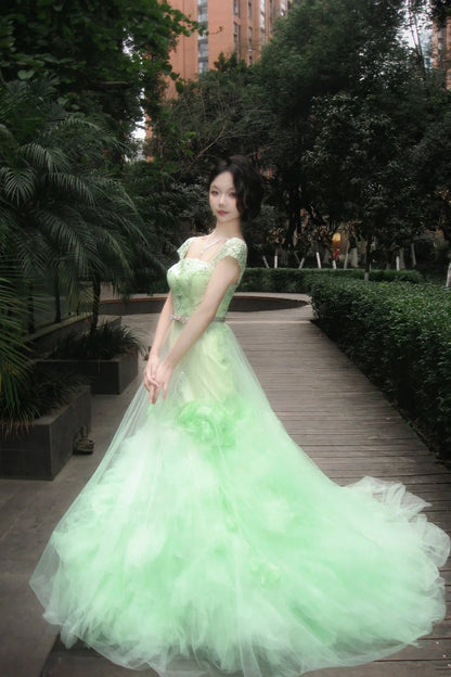 90s Retro Prom Dress Light Green Straps Pleated Tulle Gala Gown Evening Dress Party Outfits      D5020
