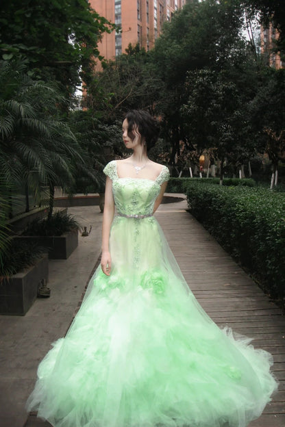 90s Retro Prom Dress Light Green Straps Pleated Tulle Gala Gown Evening Dress Party Outfits      D5020