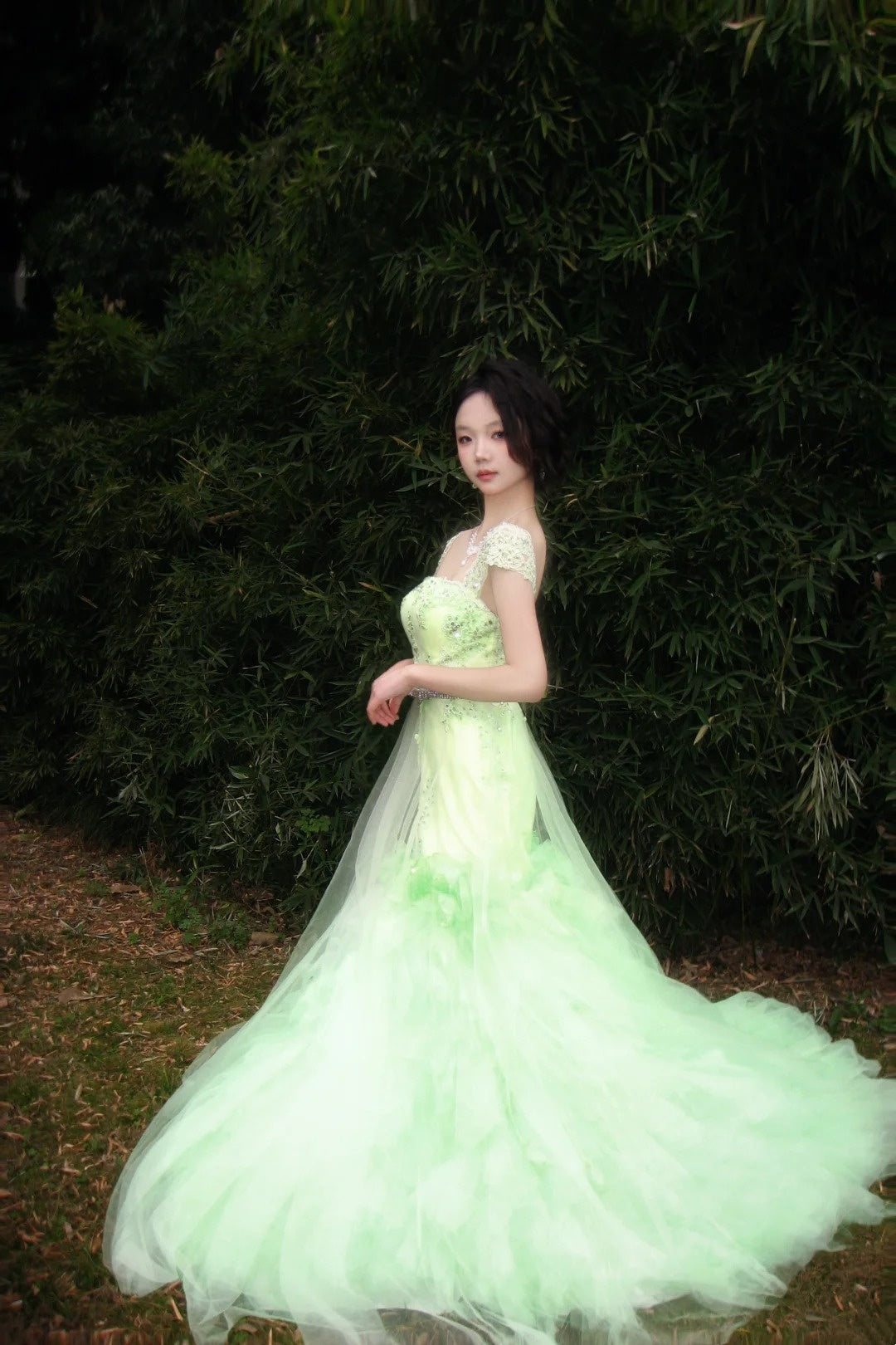 90s Retro Prom Dress Light Green Straps Pleated Tulle Gala Gown Evening Dress Party Outfits      D5020