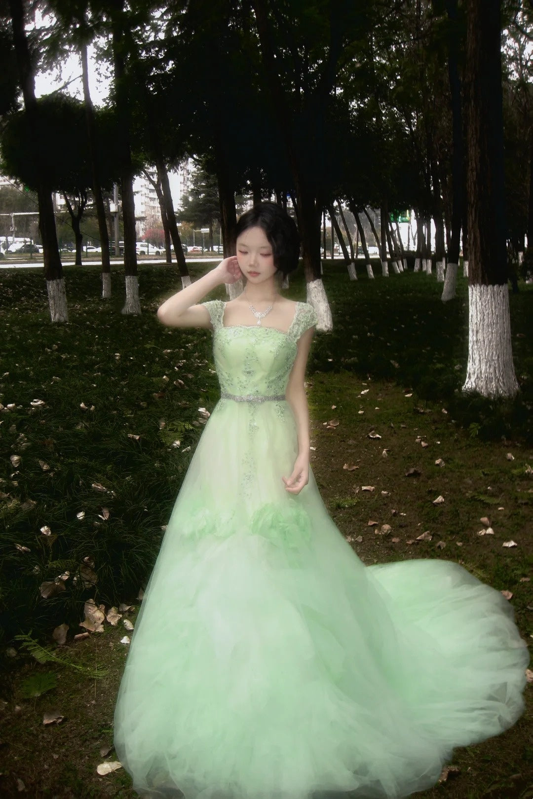 90s Retro Prom Dress Light Green Straps Pleated Tulle Gala Gown Evening Dress Party Outfits      D5020