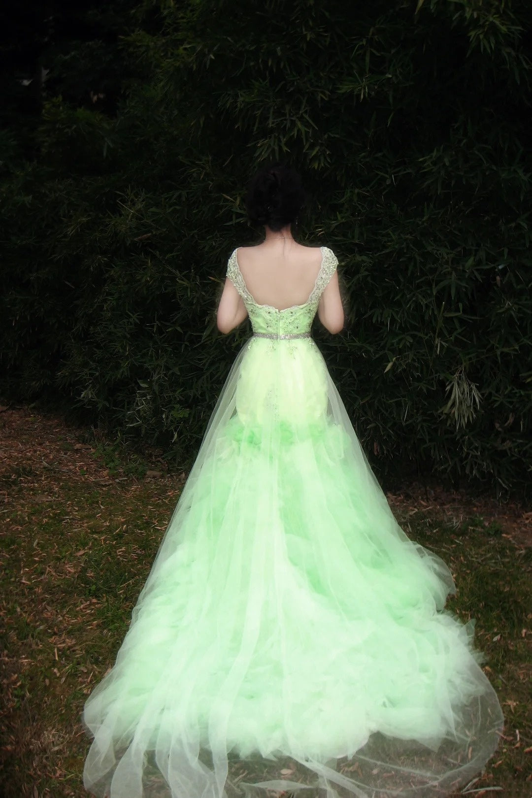 90s Retro Prom Dress Light Green Straps Pleated Tulle Gala Gown Evening Dress Party Outfits      D5020
