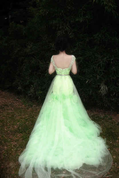90s Retro Prom Dress Light Green Straps Pleated Tulle Gala Gown Evening Dress Party Outfits      D5020