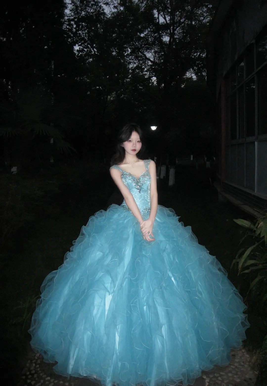 90s Retro Ball Gown Light Blue Sweetheart Ruffle Gala Gown Evening Dress Prom Dress      D5021