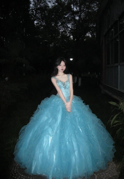 90s Retro Ball Gown Light Blue Sweetheart Ruffle Gala Gown Evening Dress Prom Dress      D5021