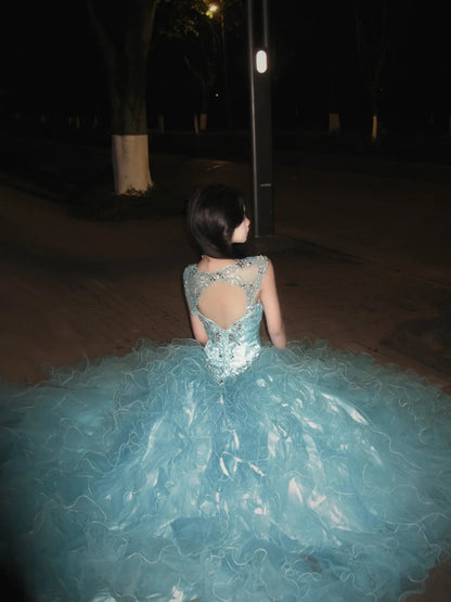 90s Retro Ball Gown Light Blue Sweetheart Ruffle Gala Gown Evening Dress Prom Dress      D5021