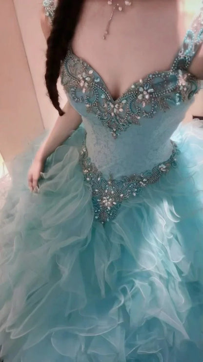 90s Retro Ball Gown Light Blue Sweetheart Ruffle Gala Gown Evening Dress Prom Dress      D5021