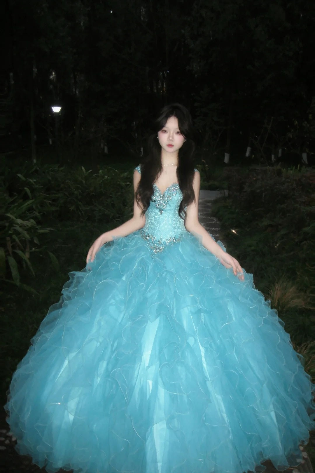 90s Retro Ball Gown Light Blue Sweetheart Ruffle Gala Gown Evening Dress Prom Dress      D5021
