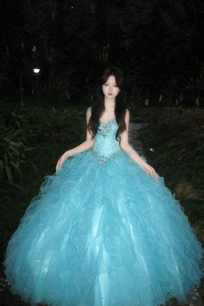 90s Retro Ball Gown Light Blue Sweetheart Ruffle Gala Gown Evening Dress Prom Dress      D5021