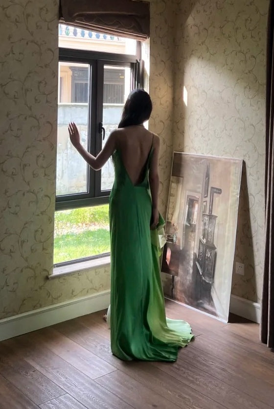 90s Prom Dress Ombre Green Spaghetti Straps Backless Gala Gown Evening Dress Party Outfits      D5023