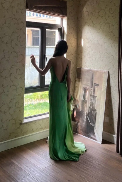 90s Prom Dress Ombre Green Spaghetti Straps Backless Gala Gown Evening Dress Party Outfits      D5023