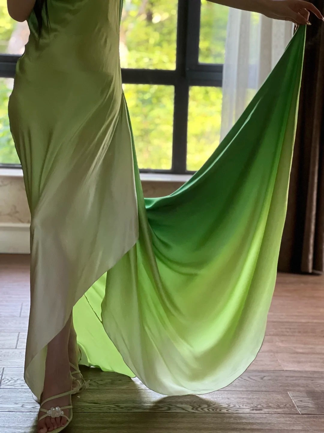90s Prom Dress Ombre Green Spaghetti Straps Backless Gala Gown Evening Dress Party Outfits      D5023