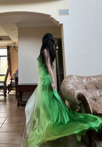90s Prom Dress Ombre Green Spaghetti Straps Backless Gala Gown Evening Dress Party Outfits      D5023
