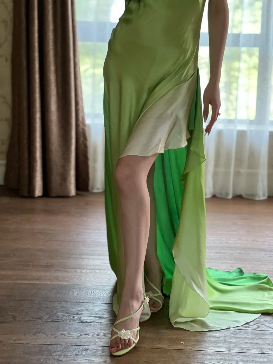 90s Prom Dress Ombre Green Spaghetti Straps Backless Gala Gown Evening Dress Party Outfits      D5023
