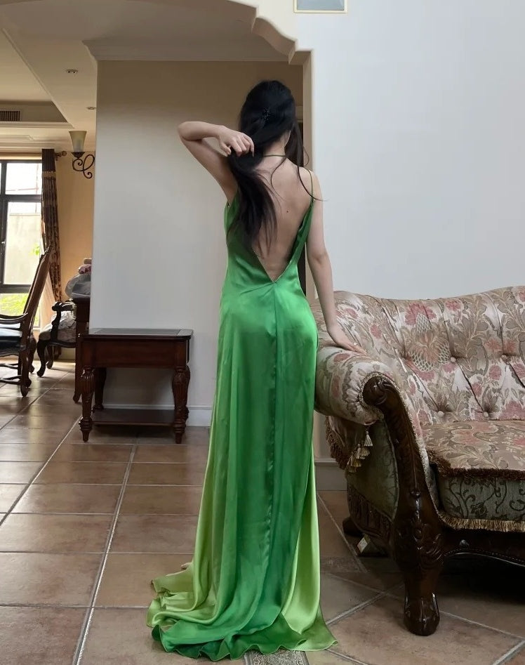 90s Prom Dress Ombre Green Spaghetti Straps Backless Gala Gown Evening Dress Party Outfits      D5023