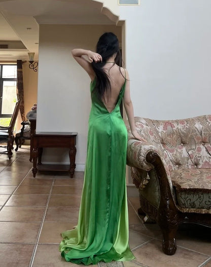 90s Prom Dress Ombre Green Spaghetti Straps Backless Gala Gown Evening Dress Party Outfits      D5023