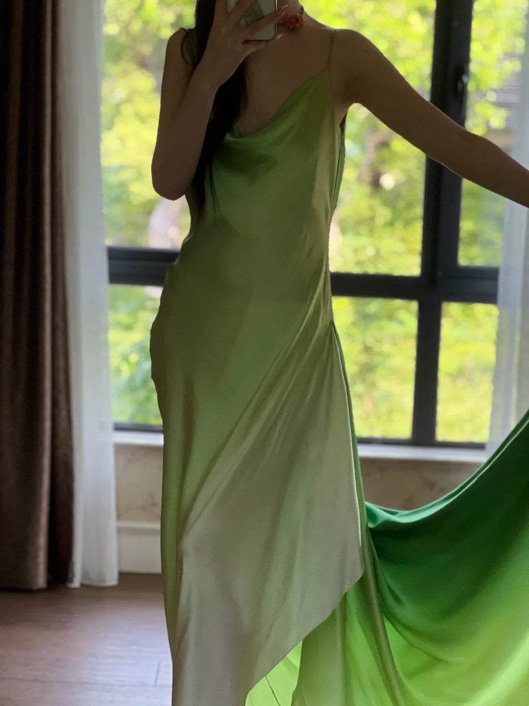 90s Prom Dress Ombre Green Spaghetti Straps Backless Gala Gown Evening Dress Party Outfits      D5023