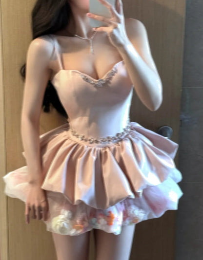 Sweet Homecoming Dress Spaghetti Straps Pleated Floral Short Prom Dress Back to School Outfits Birthday Party Dress  D5030