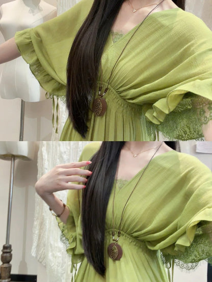 Beauty Prom Dress Green V-neck Pleated Gala Gown Evening Dress Party Outfits      D5032