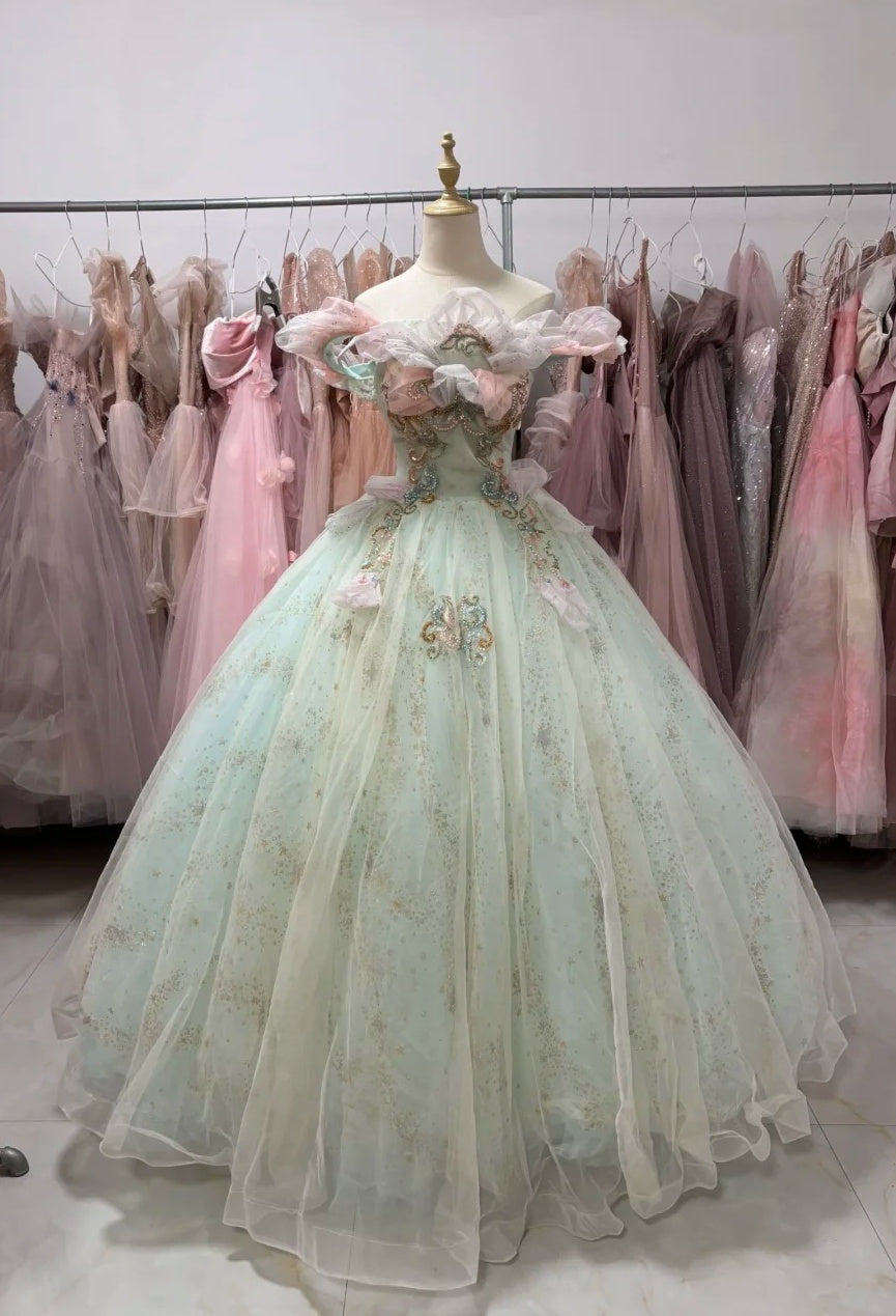 Beauty Ball Gown Off Shoulder Pleated Tulle Evening Dress Gala Prom Gown Quinceanera Dress      D5039