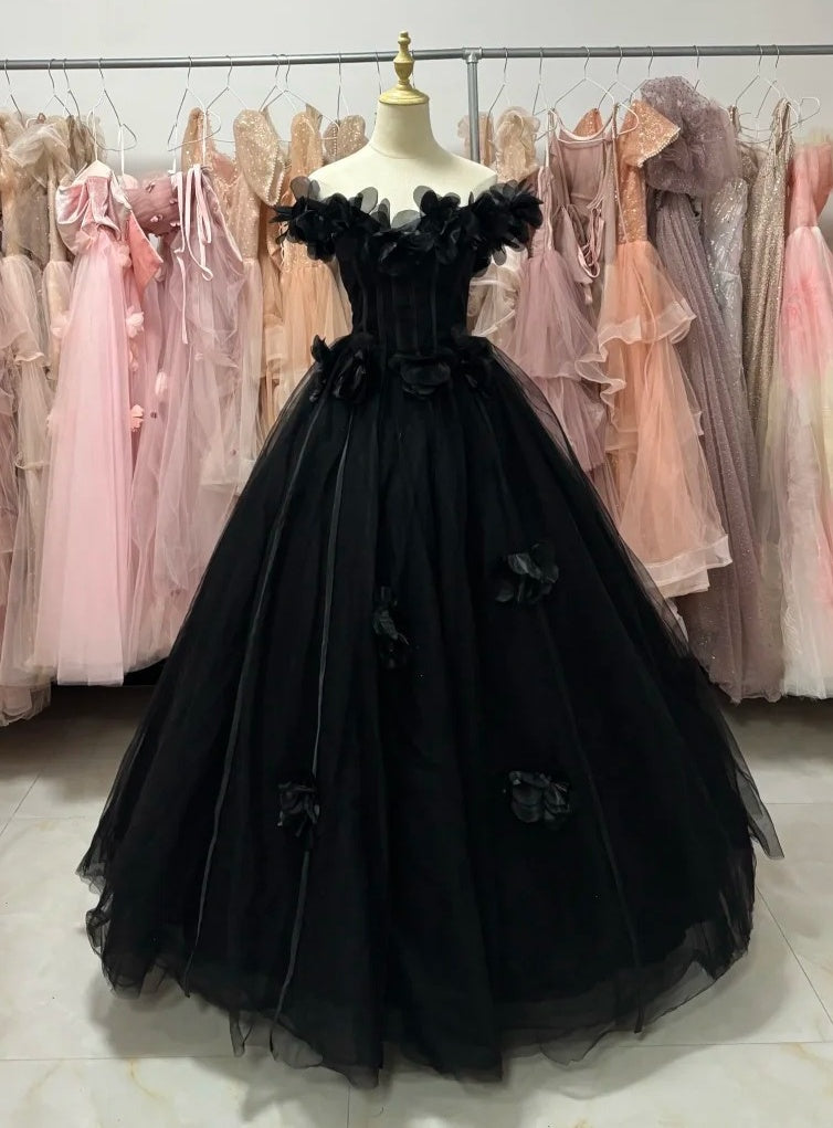 New Arrival Ball Gown Black Off Shoulder Tulle Quinceanera Dress Evening Dress Gala Prom Gown       D5044