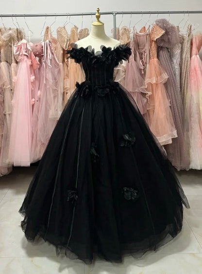 New Arrival Ball Gown Black Off Shoulder Tulle Quinceanera Dress Evening Dress Gala Prom Gown       D5044