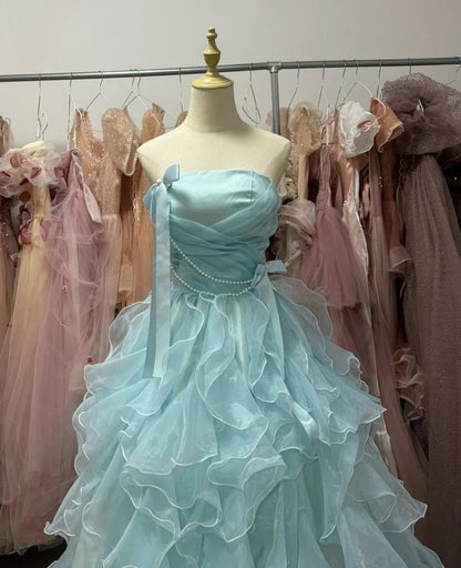 90s Retro Ball Gown Strapless Ruffle Quinceanera Dress Evening Dress Gala Prom Gown       D5045