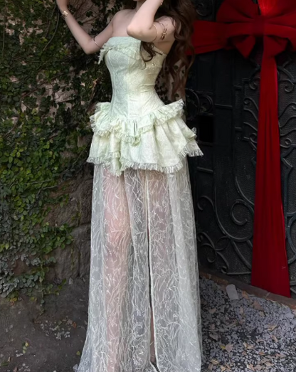 Beauty Prom Dress Light Green Strapless Slit Gala Gown Evening Dress Party Outfits      D5052