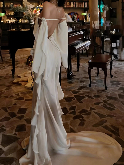 Beauty Prom Dress White Off Shoulder Pleated Blackless Gala Gown Evening Dress Birthday Party Outfits      D5053