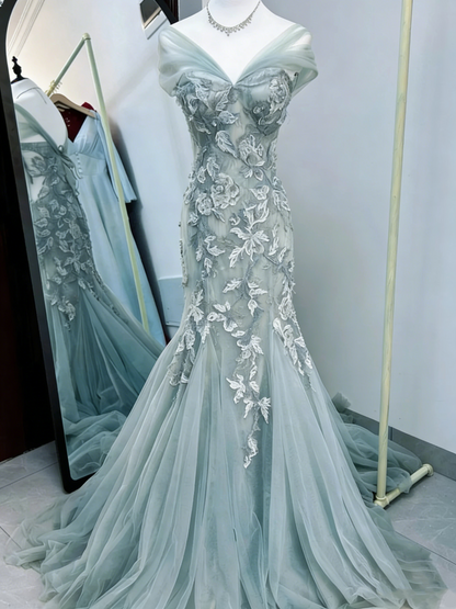 Elegant Prom Dress V-neck Pleated Tulle Mermaid Formal Gown Evening Dress Birthday Party Outfits     D5060
