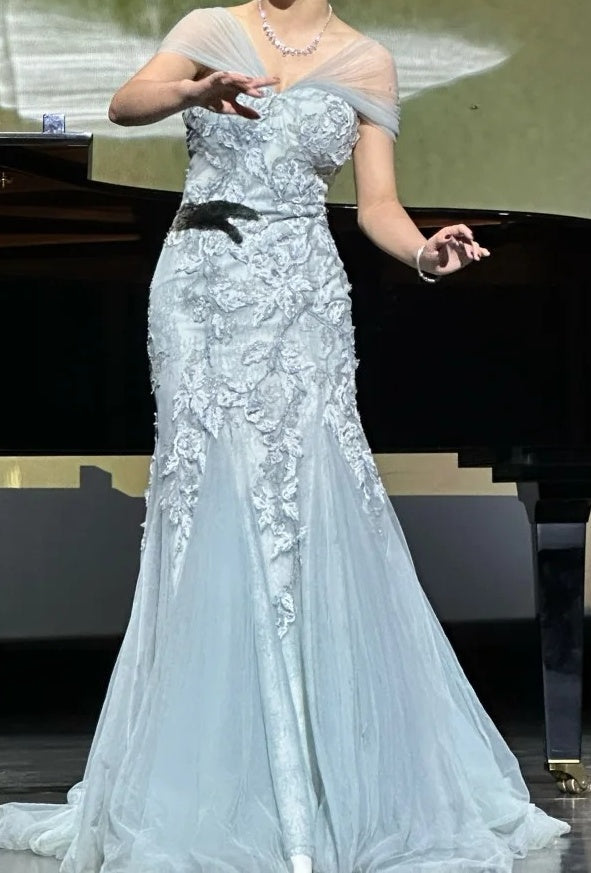Elegant Prom Dress V-neck Pleated Tulle Mermaid Formal Gown Evening Dress Birthday Party Outfits     D5060