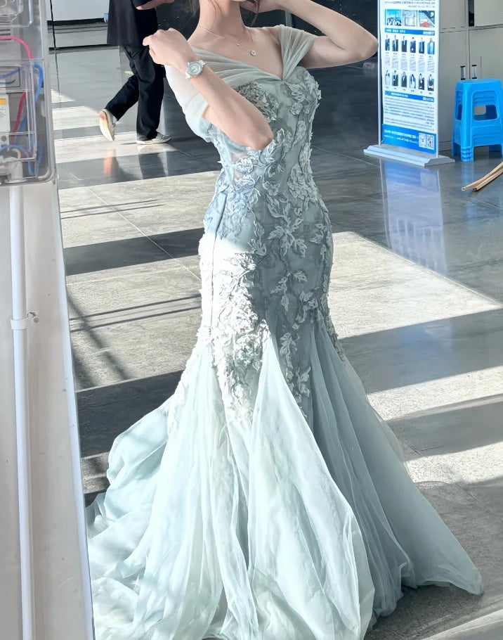 Elegant Prom Dress V-neck Pleated Tulle Mermaid Formal Gown Evening Dress Birthday Party Outfits     D5060