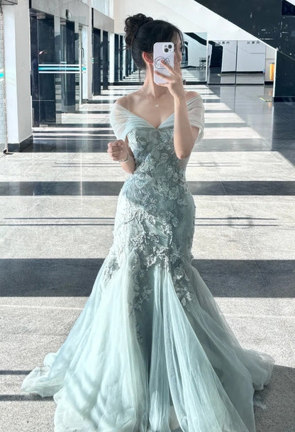 Elegant Prom Dress V-neck Pleated Tulle Mermaid Formal Gown Evening Dress Birthday Party Outfits     D5060