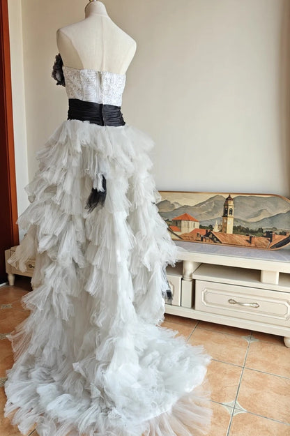 90s Retro Prom Dress Strapless Pleated Tulle Homecoming Dress Evening Dress Birthday Party Outfits     D5061