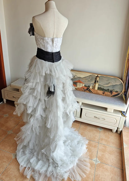 90s Retro Prom Dress Strapless Pleated Tulle Homecoming Dress Evening Dress Birthday Party Outfits     D5061