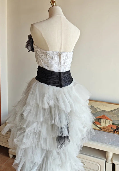 90s Retro Prom Dress Strapless Pleated Tulle Homecoming Dress Evening Dress Birthday Party Outfits     D5061