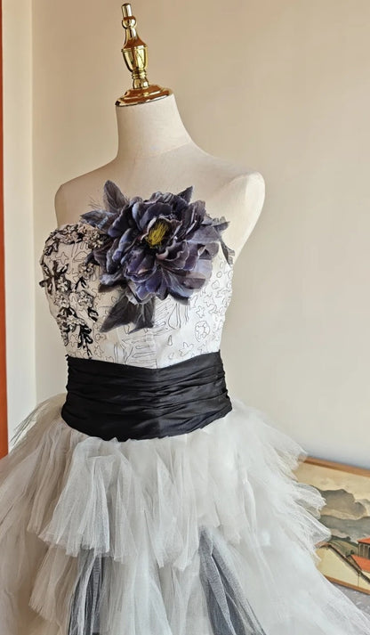 90s Retro Prom Dress Strapless Pleated Tulle Homecoming Dress Evening Dress Birthday Party Outfits     D5061
