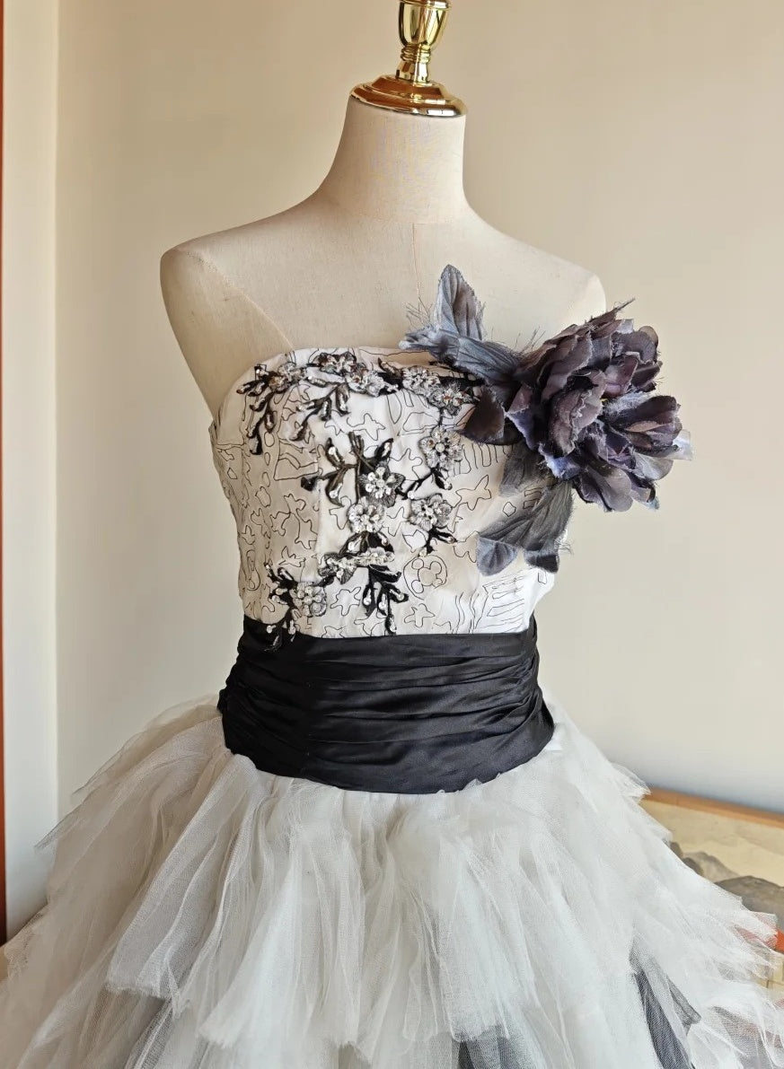 90s Retro Prom Dress Strapless Pleated Tulle Homecoming Dress Evening Dress Birthday Party Outfits     D5061