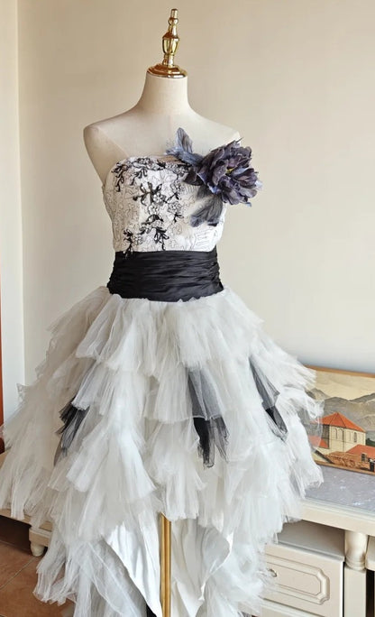 90s Retro Prom Dress Strapless Pleated Tulle Homecoming Dress Evening Dress Birthday Party Outfits     D5061