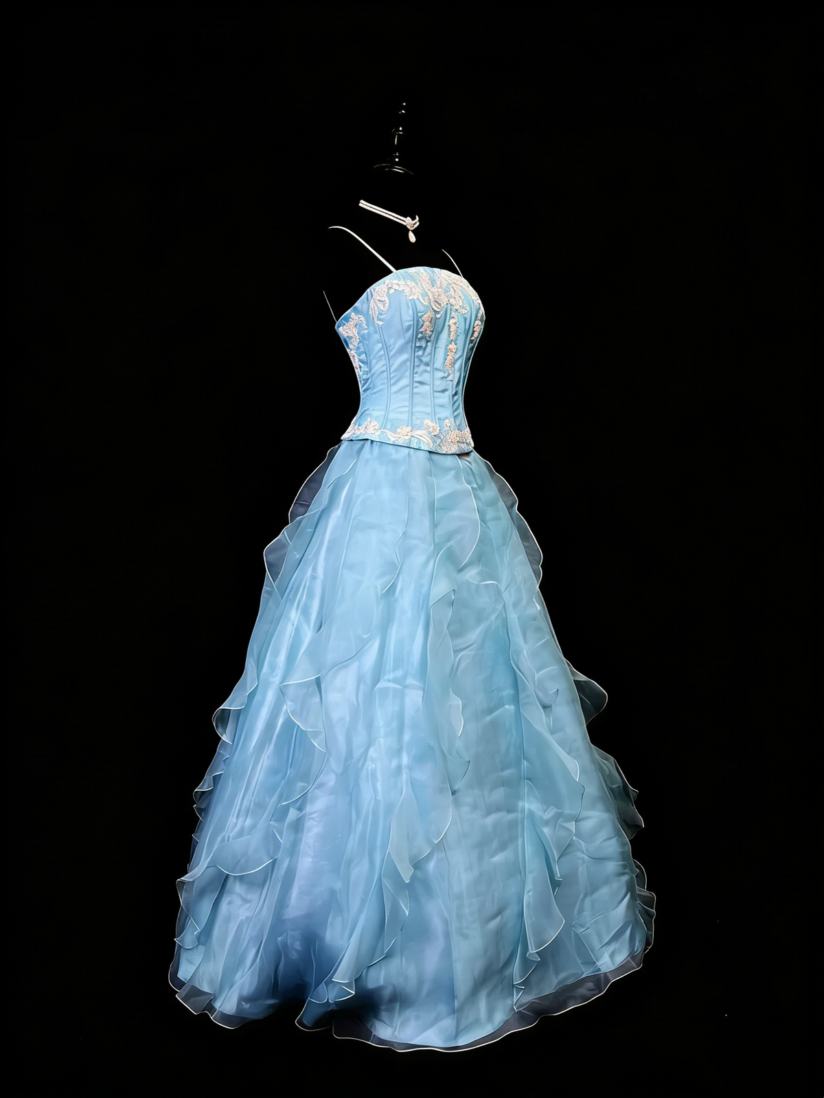 Beauty A Line Prom Dress Light Blue Spaghetti Straps Ruffle Formal Gown Evening Dress 18th Outfits     D5064