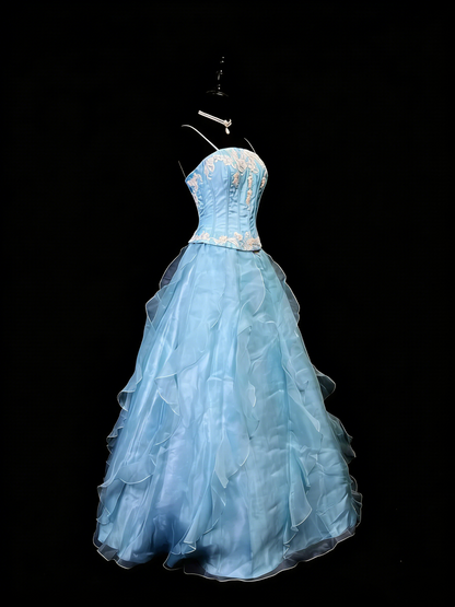 Beauty A Line Prom Dress Light Blue Spaghetti Straps Ruffle Formal Gown Evening Dress 18th Outfits     D5064