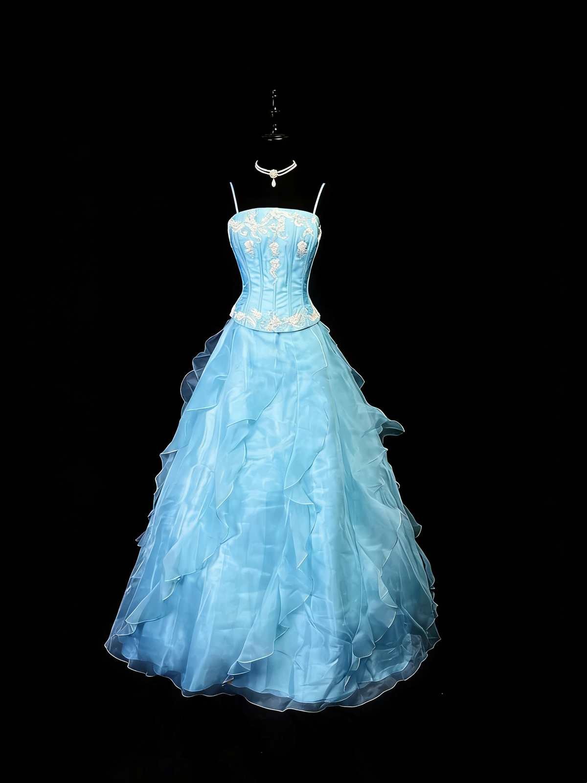 Beauty A Line Prom Dress Light Blue Spaghetti Straps Ruffle Formal Gown Evening Dress 18th Outfits     D5064
