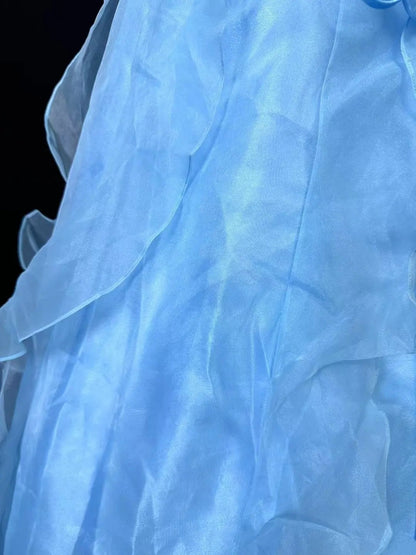Beauty A Line Prom Dress Light Blue Spaghetti Straps Ruffle Formal Gown Evening Dress 18th Outfits     D5064