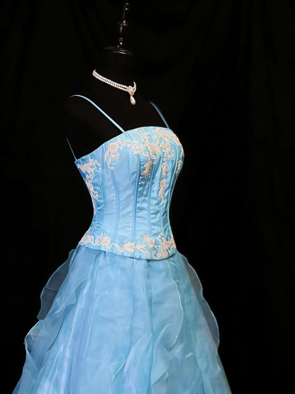 Beauty A Line Prom Dress Light Blue Spaghetti Straps Ruffle Formal Gown Evening Dress 18th Outfits     D5064