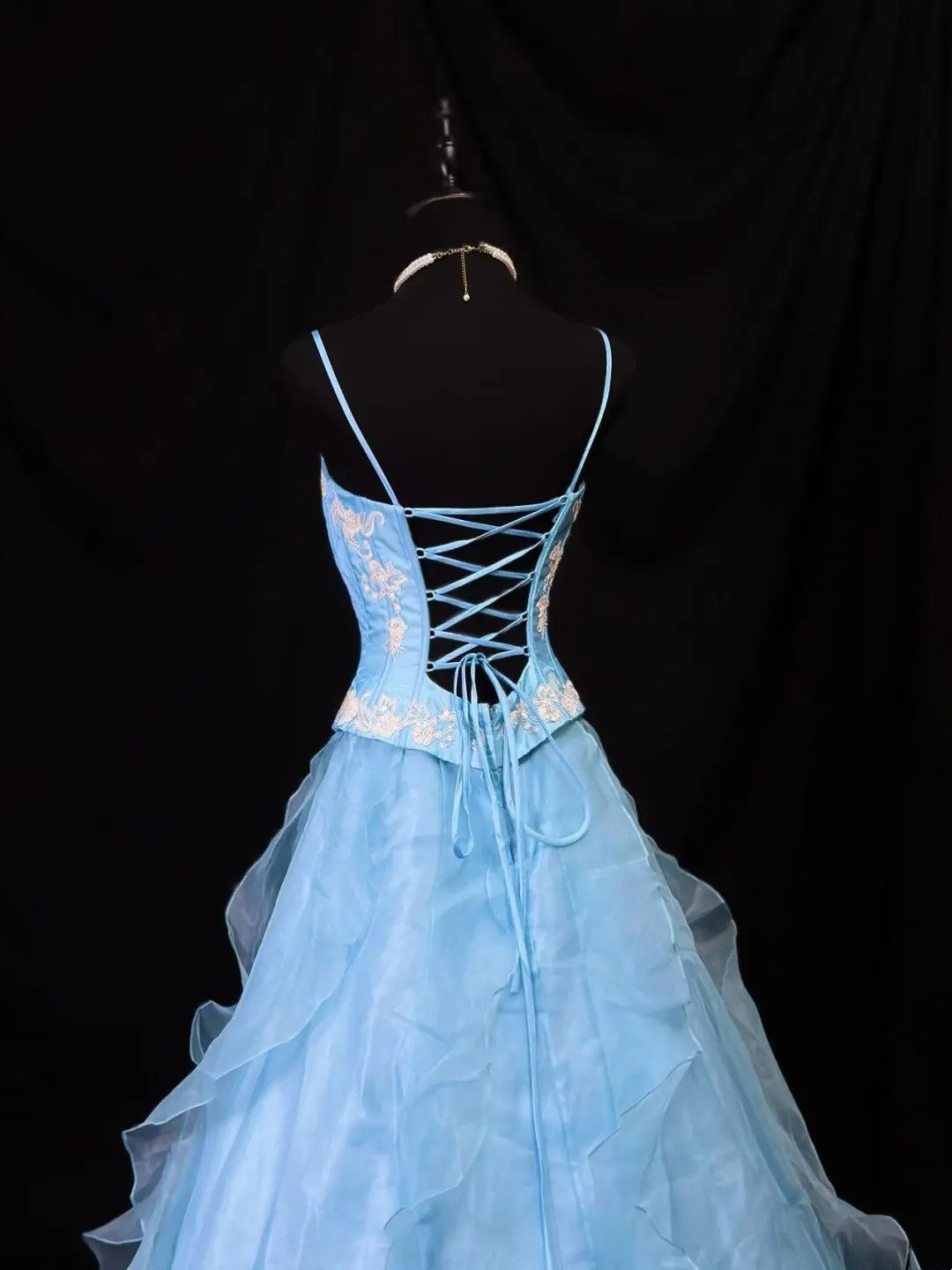 Beauty A Line Prom Dress Light Blue Spaghetti Straps Ruffle Formal Gown Evening Dress 18th Outfits     D5064