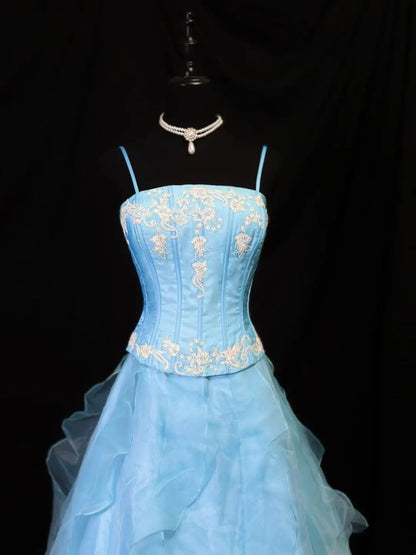 Beauty A Line Prom Dress Light Blue Spaghetti Straps Ruffle Formal Gown Evening Dress 18th Outfits     D5064