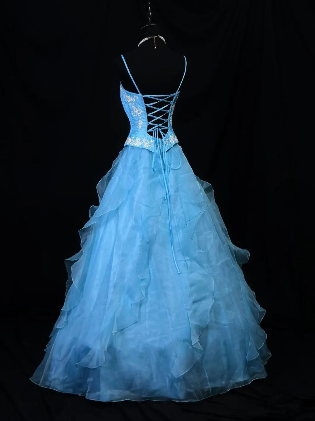 Beauty A Line Prom Dress Light Blue Spaghetti Straps Ruffle Formal Gown Evening Dress 18th Outfits     D5064