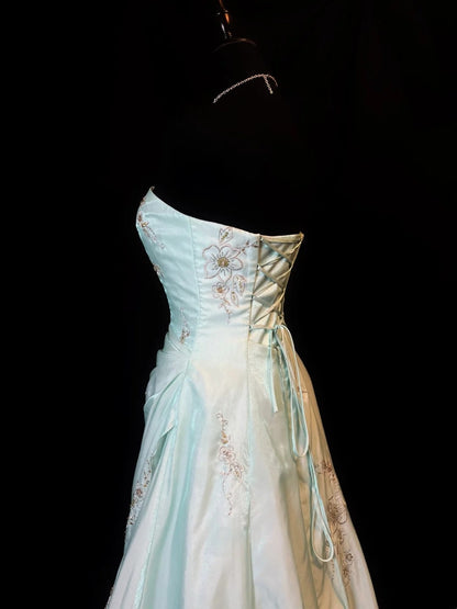 90s Retro Prom Dress Strapless Pleated Formal Gown Evening Dress 18th Birthday Outfits     D5065